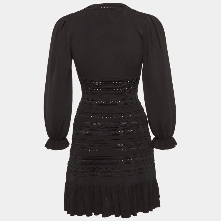 Pre Owned Sandro Black Pointelle Knit Ruffled Mini Dress XS