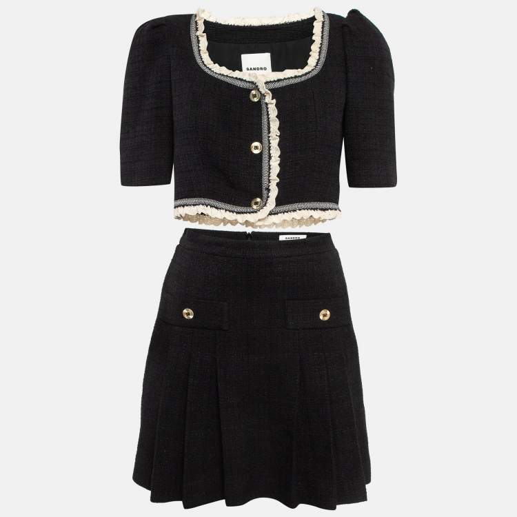 Pre Owned Sandro Black Tweed Crop Jacket and Mini Skirt Set (S/XS)