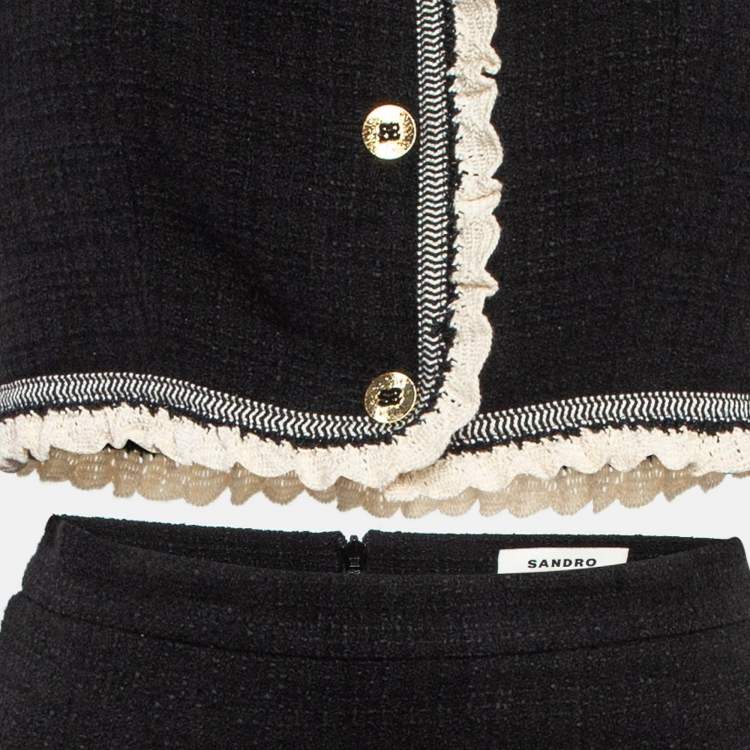 Pre Owned Sandro Black Tweed Crop Jacket and Mini Skirt Set (S/XS)