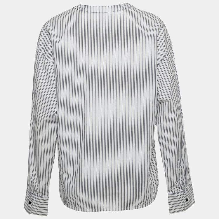 Pre Owned Sandro White Pinstripe V-Neck Top L