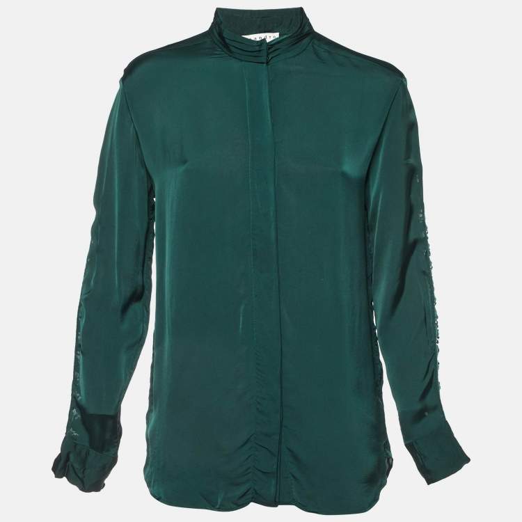 Pre Owned Sandro Green Satin Lace Trimmed Top L