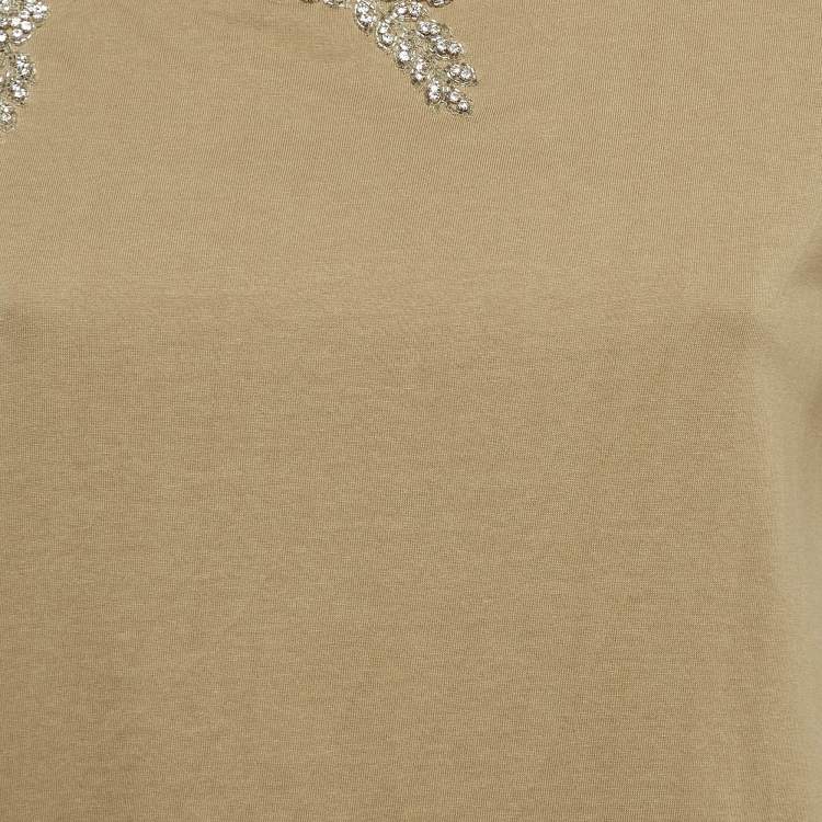 Pre Owned Sandro Olive Green Rhinestone Embellished Cotton T-Shirt XS