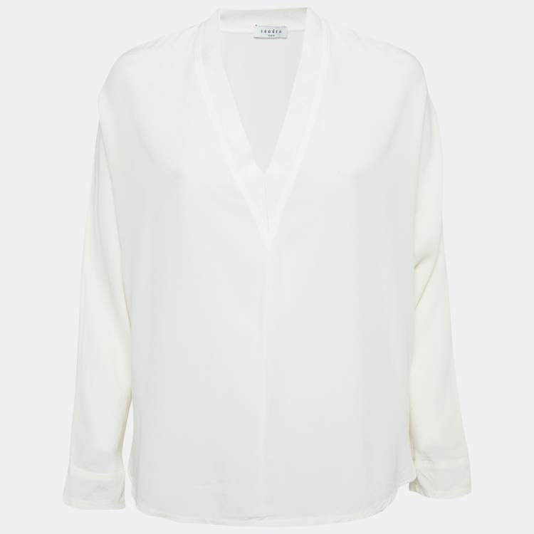 Pre Owned Sandro Off White Silk Rib Trim V-Neck Blouse L