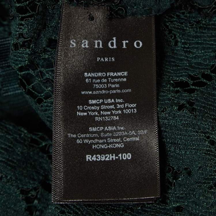 Pre Owned Sandro Green Guipure Lace Tie-Up Neck Mini Dress L