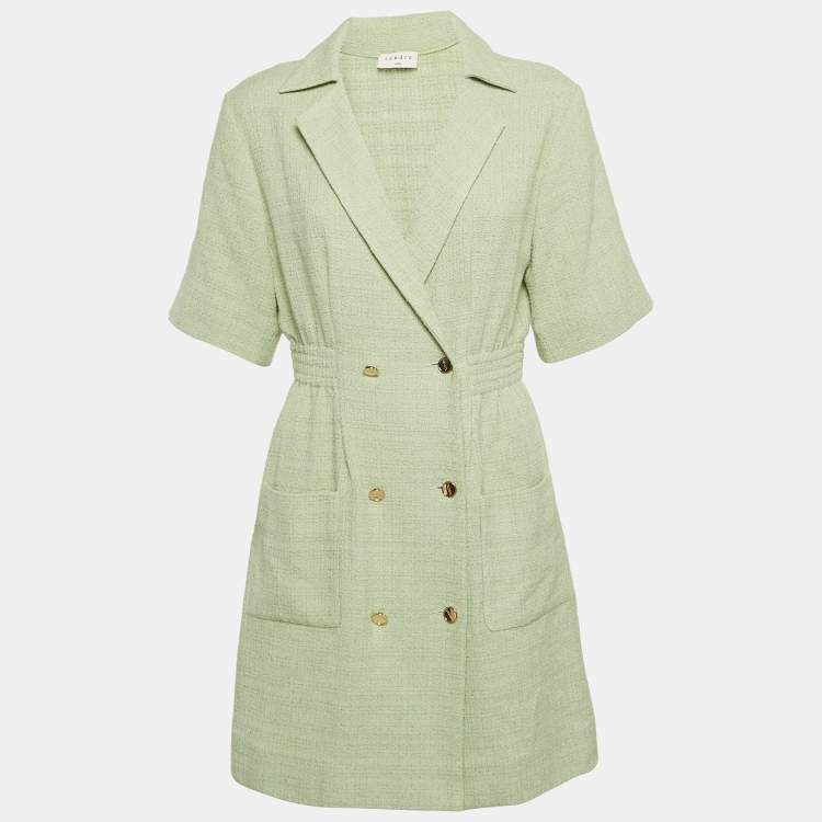 Pre Owned Sandro Sage Green Tweed Double Breasted Short Dress M