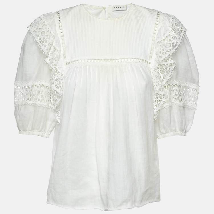 Pre Owned Sandro White Ramie Lace Trim Ruffled Top L
