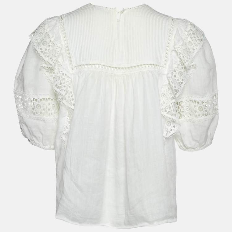 Pre Owned Sandro White Ramie Lace Trim Ruffled Top L