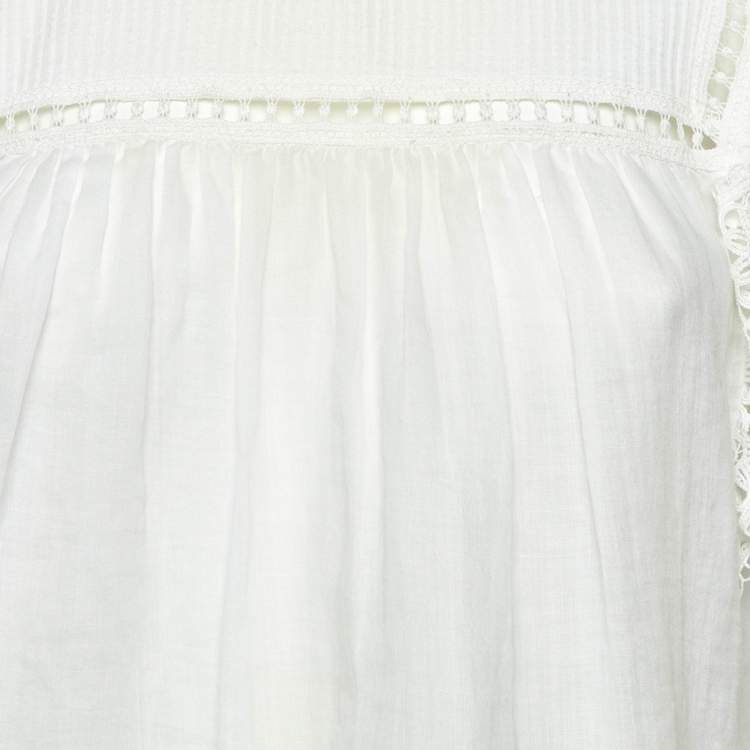 Pre Owned Sandro White Ramie Lace Trim Ruffled Top L
