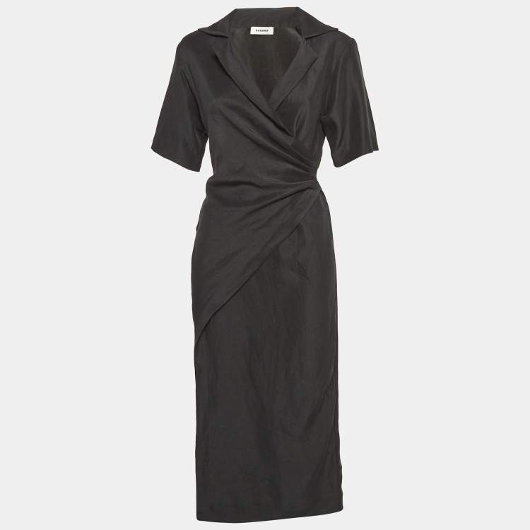Pre Owned Sandro Black Linen Blend Wrap Style Midi Dress XS