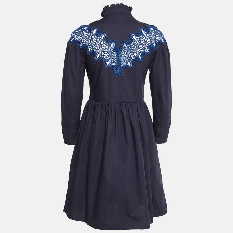 Pre Owned Sandro Navy Blue Cotton Lace Trim Ruffled Collar Mini Dress XS