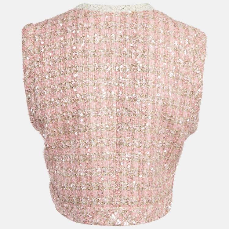 Pre Owned Sandro Pink Sequin Tweed Sleeveless Crop  Jacket S
