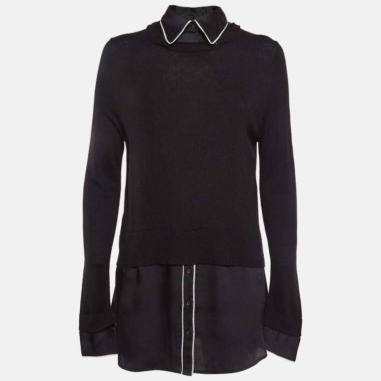 Pre Owned Sandro Black Knit and Satin Detachable Collar Top M