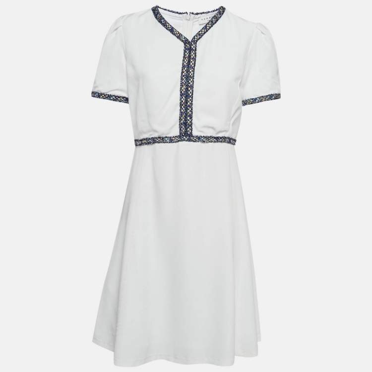 Pre Owned Sandro White Textured Crepe Trim Detail Mini Dress L