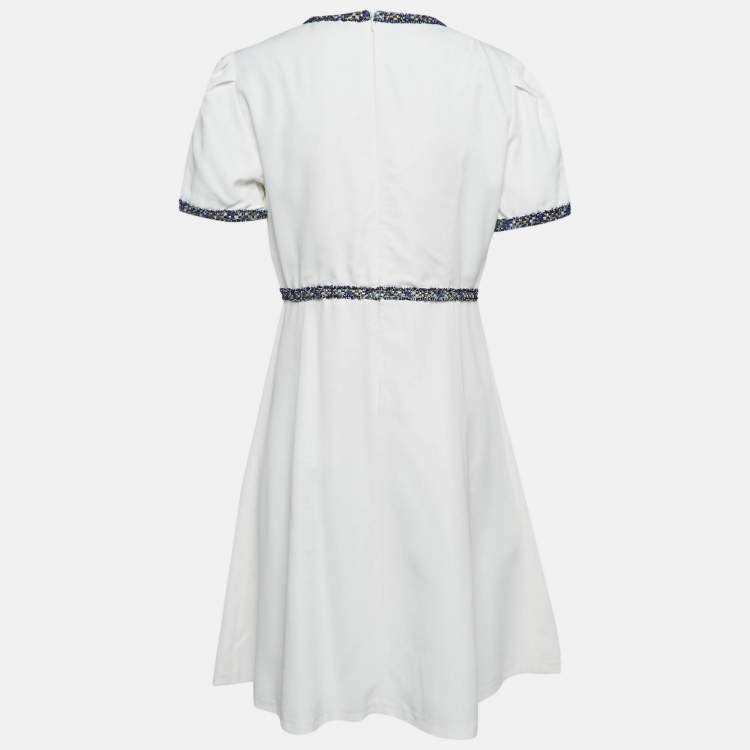 Pre Owned Sandro White Textured Crepe Trim Detail Mini Dress L