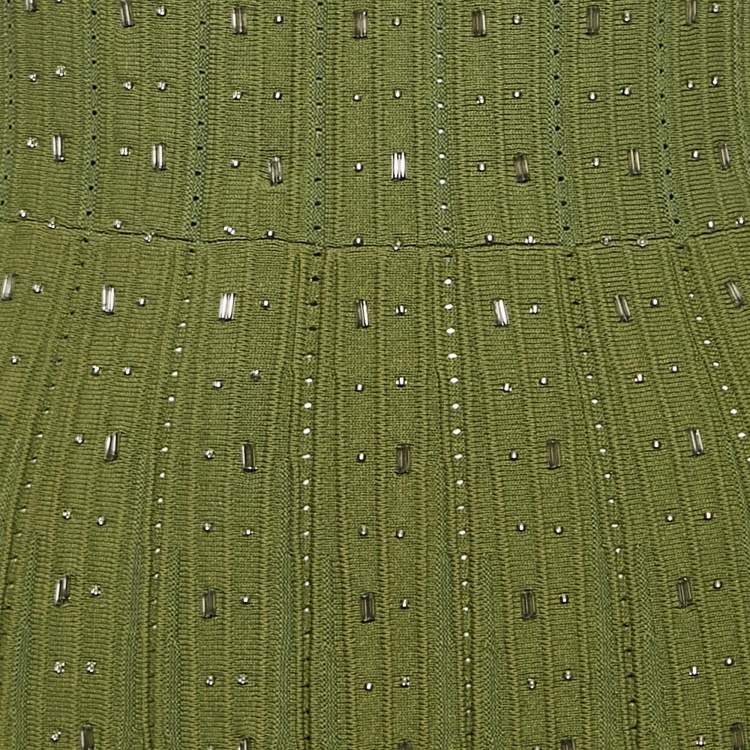 Pre Owned Sandro Green Beads Embroidered Knit Sleeveless Flared Mini Dress XS 