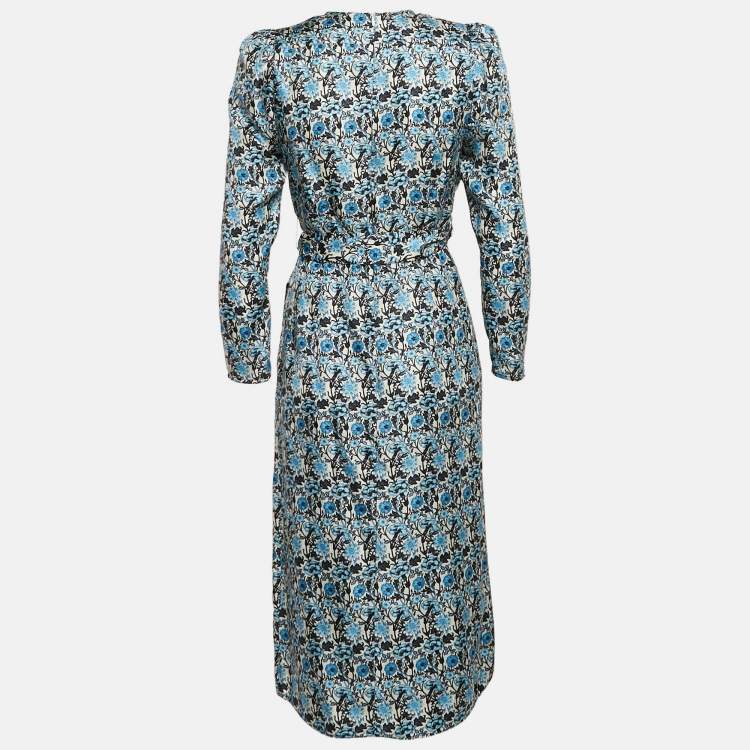 Pre Owned Sandro Blue Floral Print Silk Draped Midi Dress XS