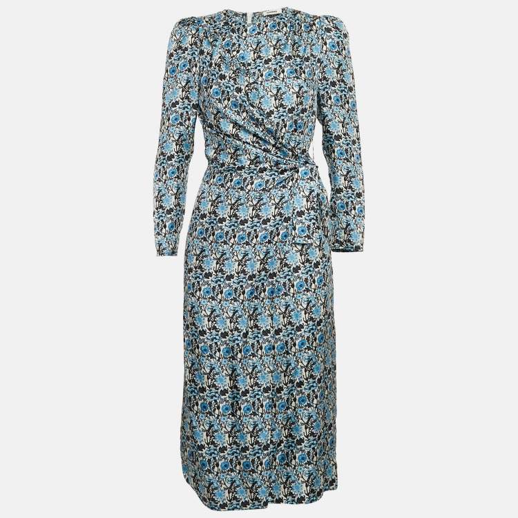Pre Owned Sandro Blue Floral Print Silk Draped Midi Dress XS
