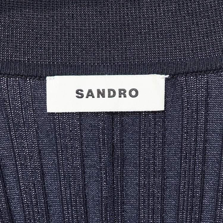 Pre Owned Sandro Navy Blue Rib Knit Crochet Lace Trimmed Midi Dress M