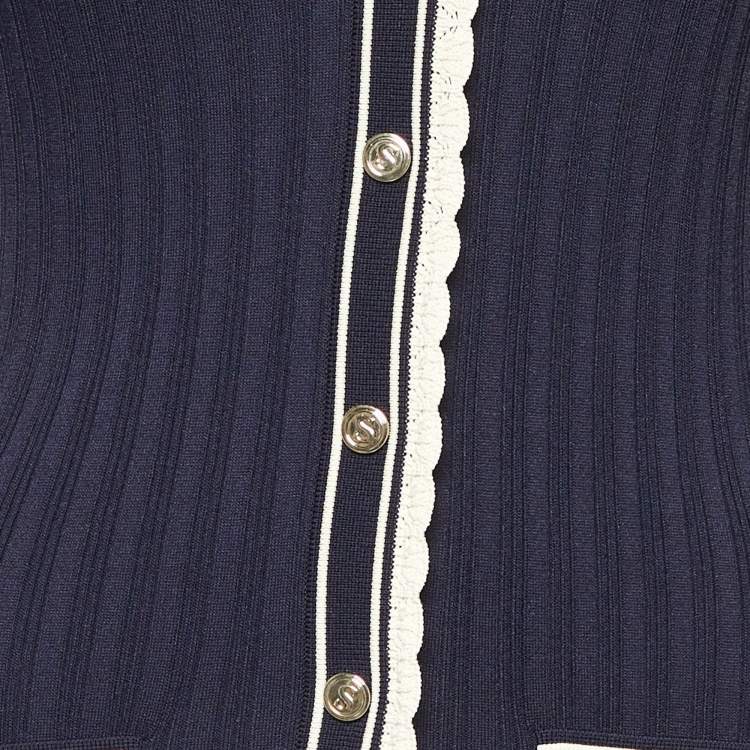 Pre Owned Sandro Navy Blue Rib Knit Crochet Lace Trimmed Midi Dress M
