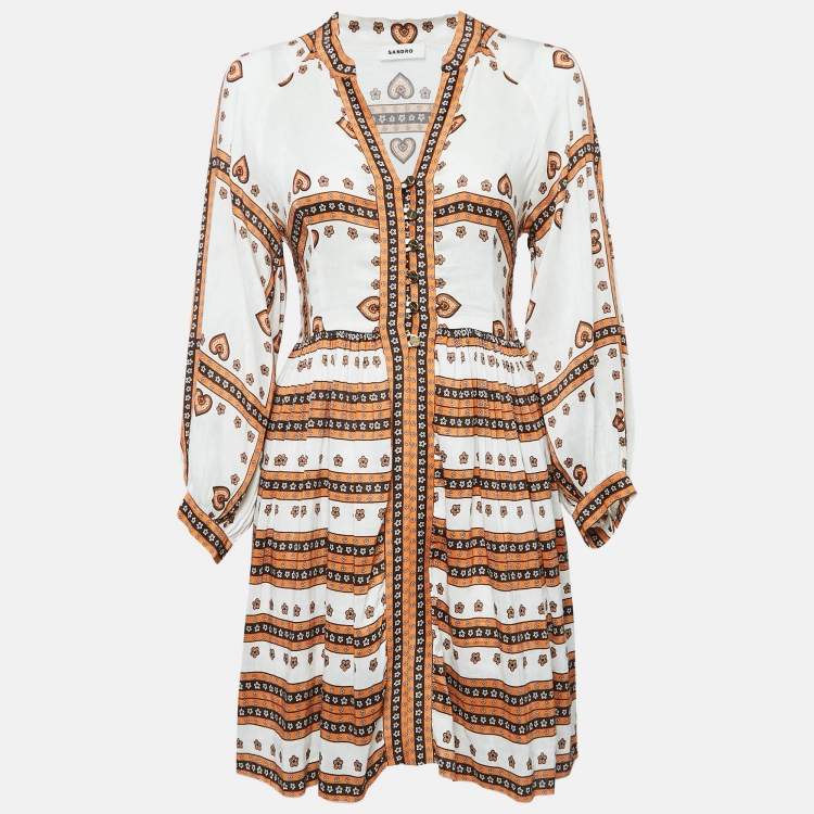 Pre Owned Sandro White Printed Linen Blend Ramata Mini Dress S