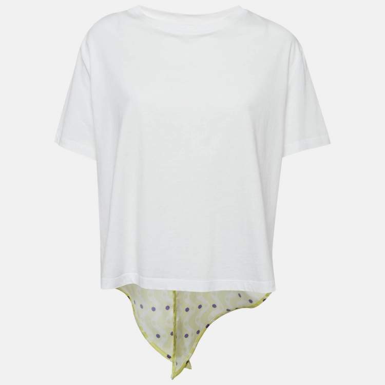 Pre Owned Sandro x Louis Barthelemy White/Yellow Printed Cotton Knit and Satin Dimi Top M