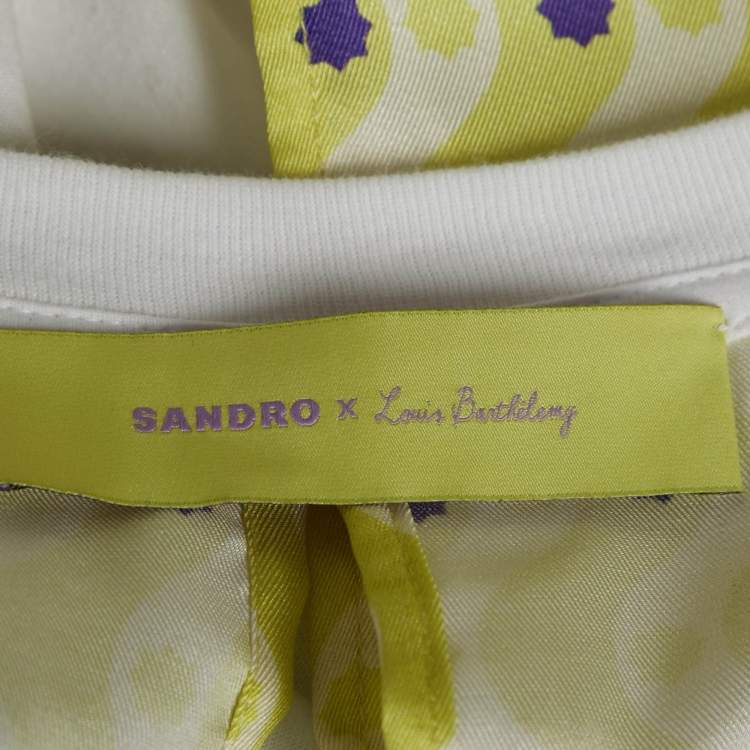 Pre Owned Sandro x Louis Barthelemy White/Yellow Printed Cotton Knit and Satin Dimi Top M