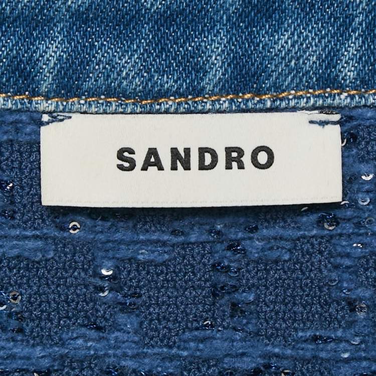 Pre Owned Sandro Blue Sequin Tweed Buttoned Trapeze Mini Dress XS