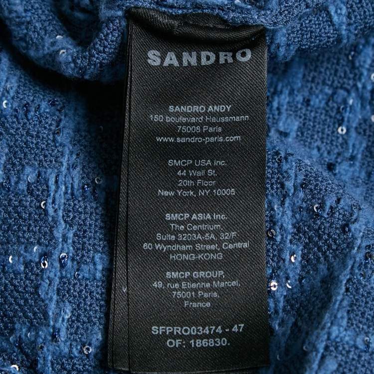 Pre Owned Sandro Blue Sequin Tweed Buttoned Trapeze Mini Dress XS