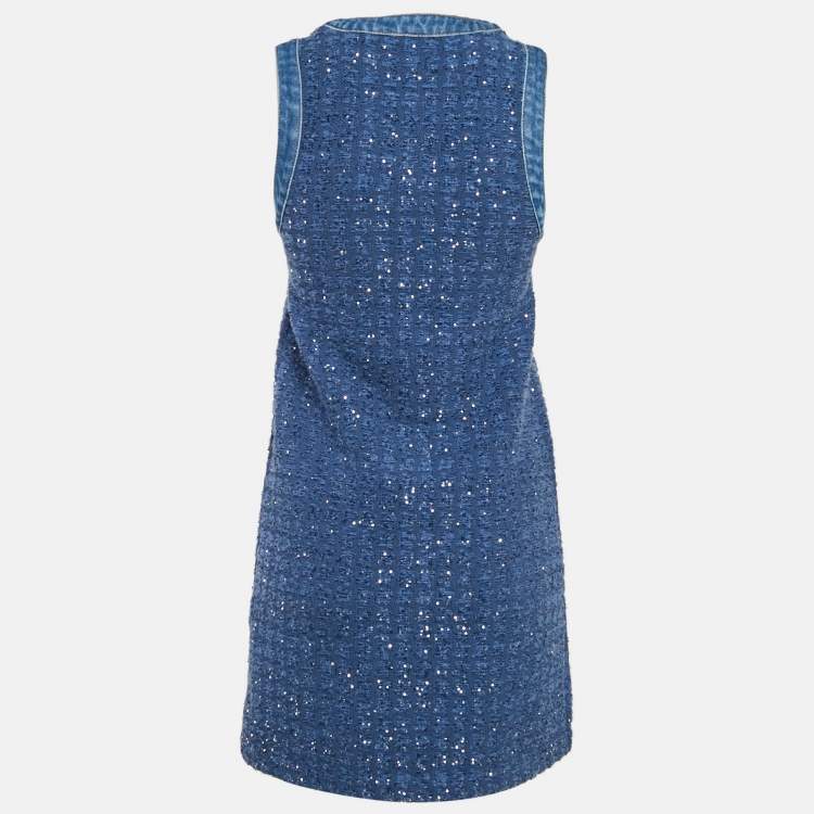 Pre Owned Sandro Blue Sequin Tweed Buttoned Trapeze Mini Dress XS