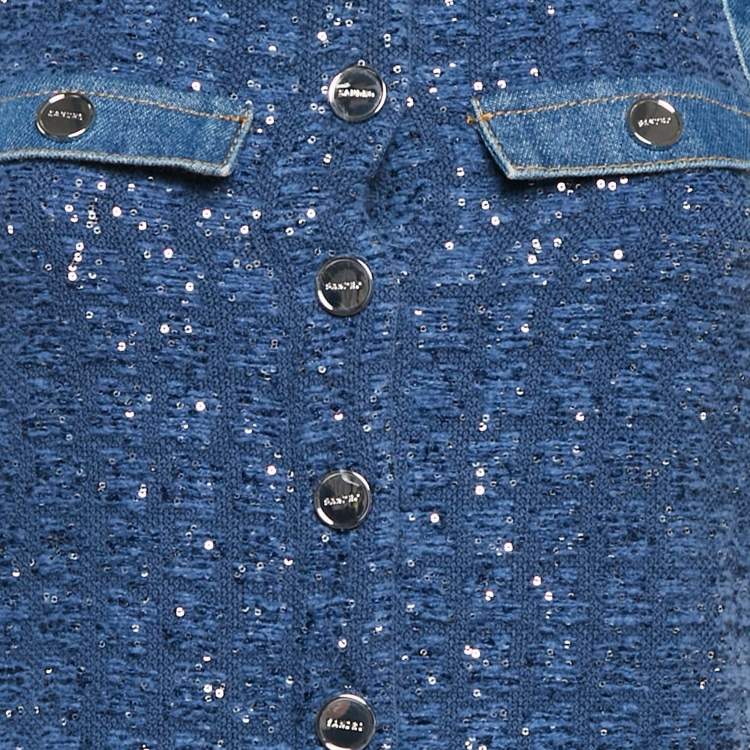 Pre Owned Sandro Blue Sequin Tweed Buttoned Trapeze Mini Dress XS