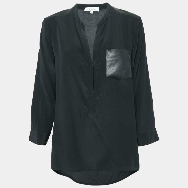 Pre Owned Sandro Black Silk Leather Trimmed Top M