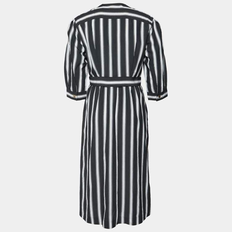 Pre Owned Sandro Black/White Stripe Print Viscose Wrap Midi Dress L