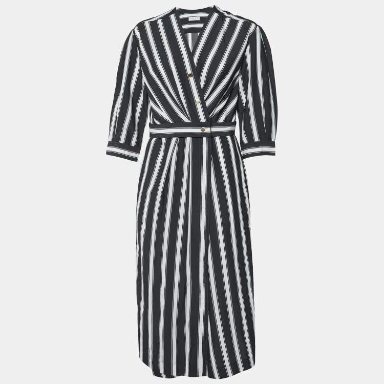 Pre Owned Sandro Black/White Stripe Print Viscose Wrap Midi Dress L