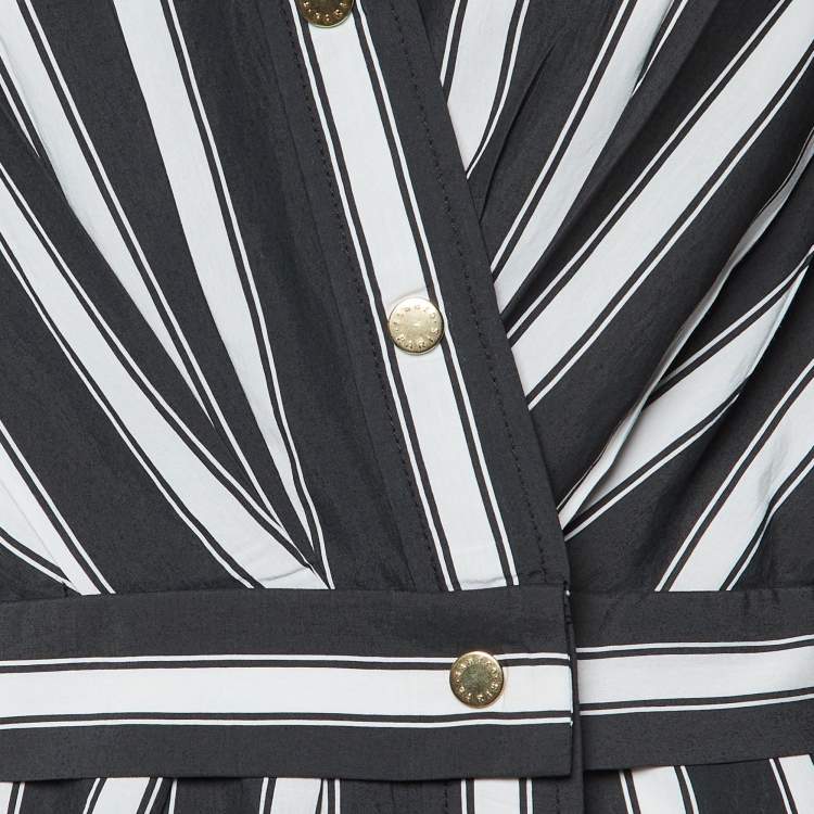 Pre Owned Sandro Black/White Stripe Print Viscose Wrap Midi Dress L