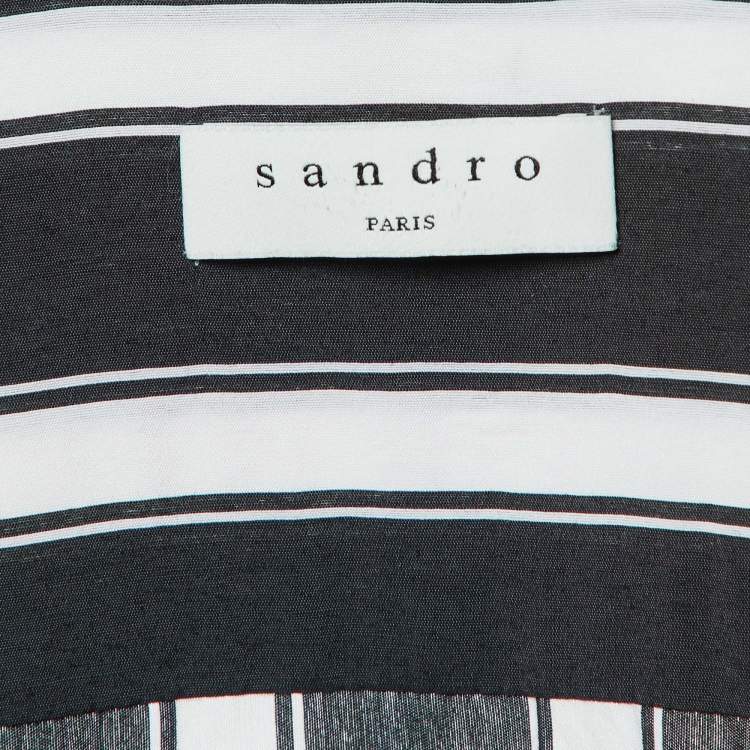 Pre Owned Sandro Black/White Stripe Print Viscose Wrap Midi Dress L