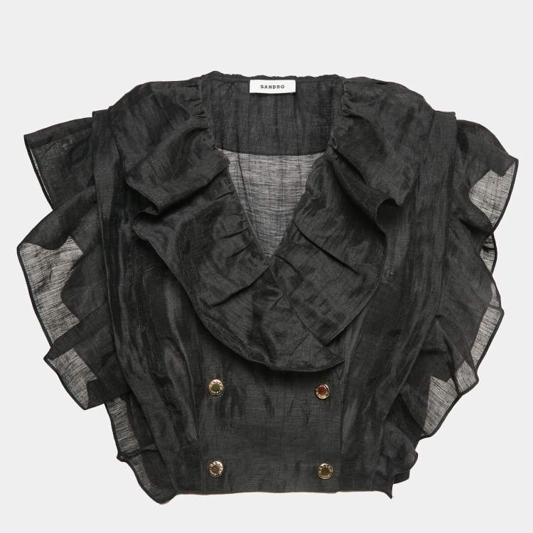 Pre Owned Sandro Black Linen Blend Folie Ruffled Crop Top M