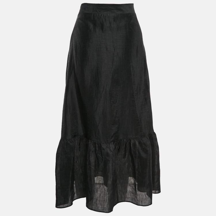 Pre Owned Sandro Black Linen Blend Ruffled Midi Wrap Skirt M