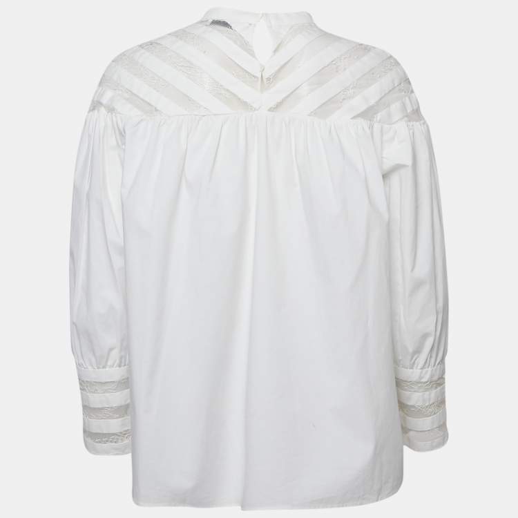 Pre Owned Sandro White Cotton Lace Trimmed A-Line Blouse L