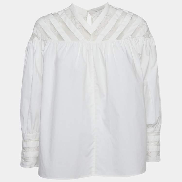 Pre Owned Sandro White Cotton Lace Trimmed A-Line Blouse L