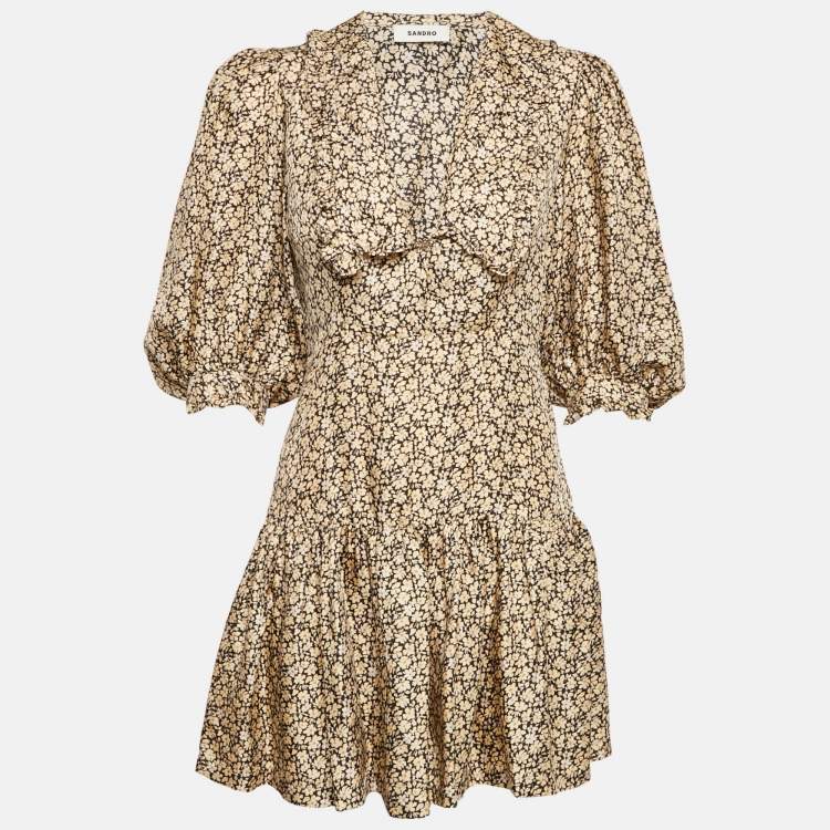 Pre Owned Sandro Cream/Black Flowering Print Silk Chelsea Collar Mini Dress S