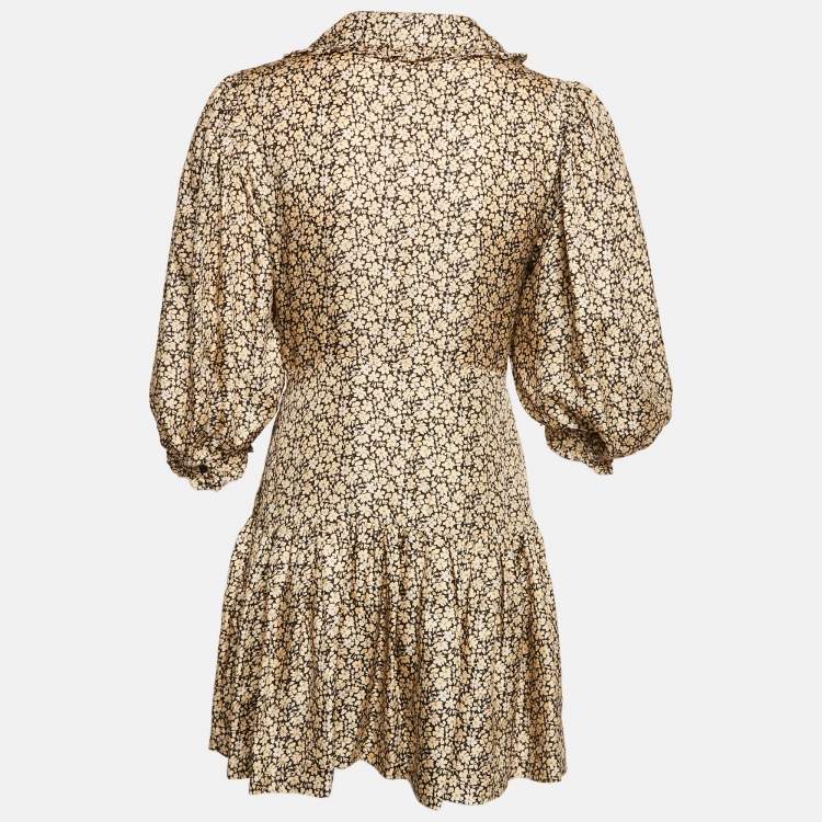 Pre Owned Sandro Cream/Black Flowering Print Silk Chelsea Collar Mini Dress S