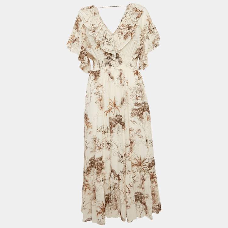 Pre Owned Sandro Beige Printed Crepe Marro Ruffled Midi Dress M