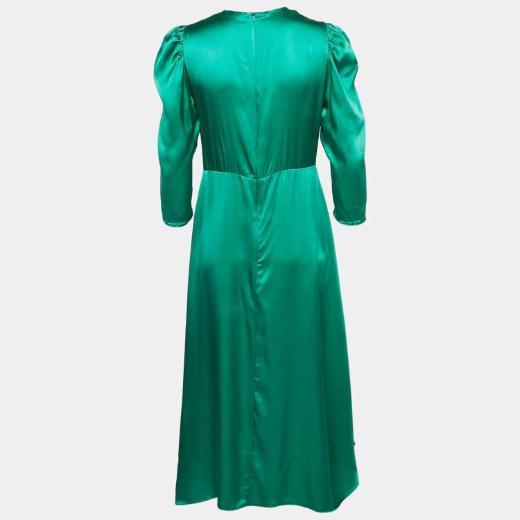 Pre Owned Sandro Green Satin Silk Ruche Detail Midi Dress L