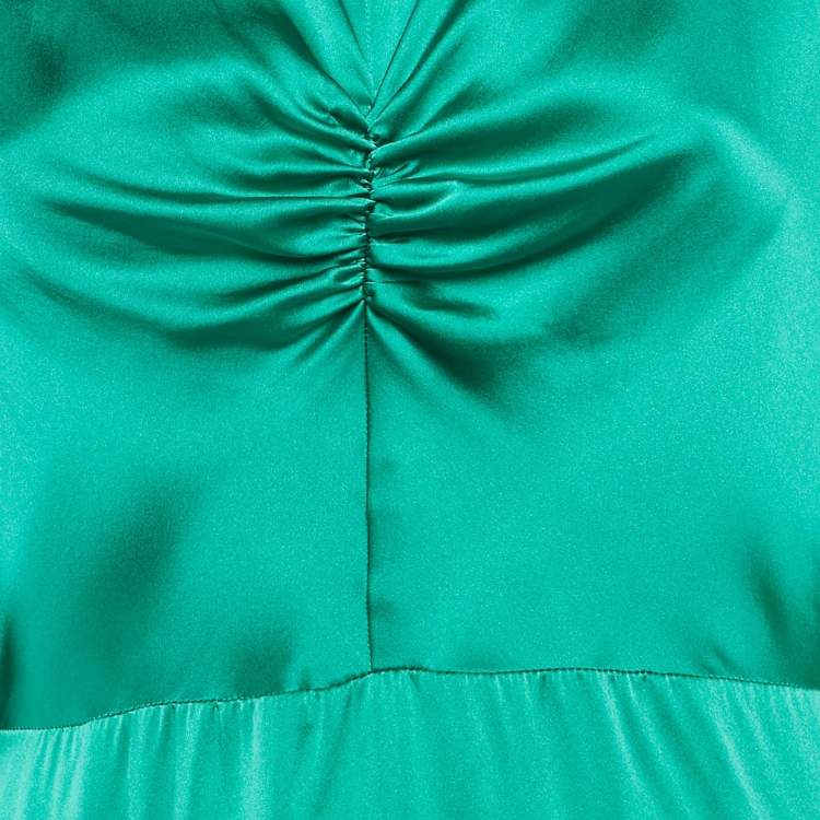 Pre Owned Sandro Green Satin Silk Ruche Detail Midi Dress L
