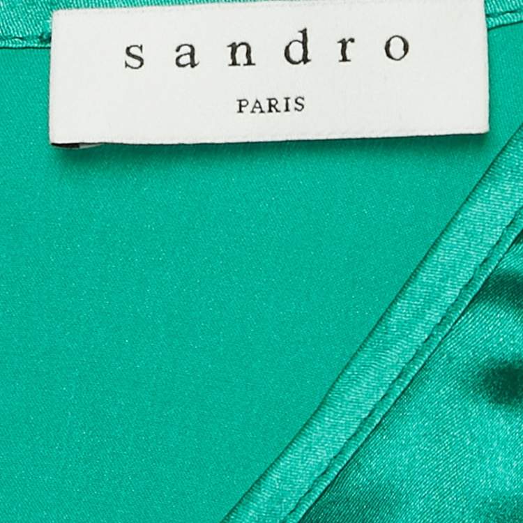 Pre Owned Sandro Green Satin Silk Ruche Detail Midi Dress L
