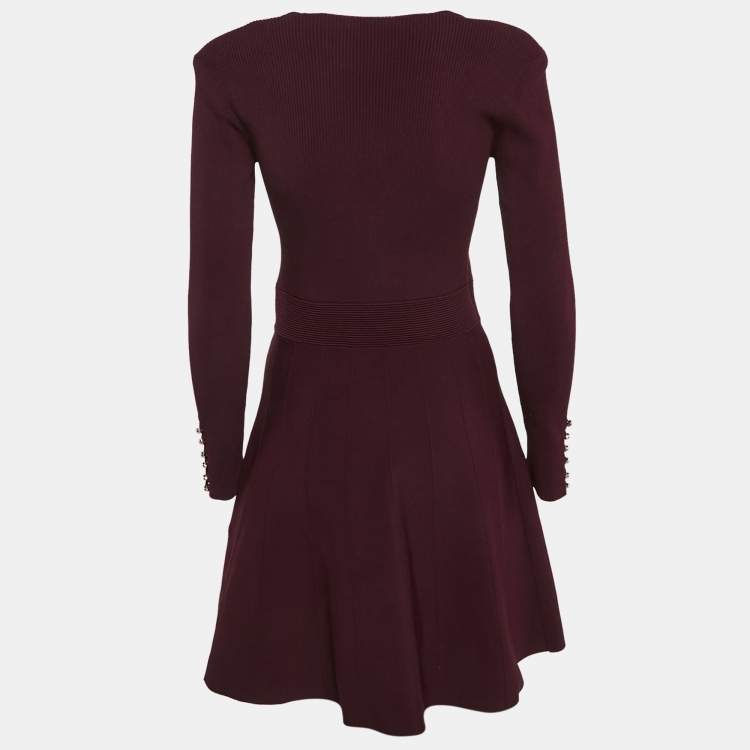 Pre Owned Sandro Burgundy Knit Otane Pearly Cuff Fit & Flare Dress M