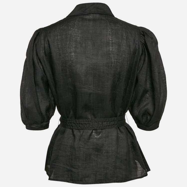 Pre Owned Sandro Black Ramie Belted Button Front Blouse M