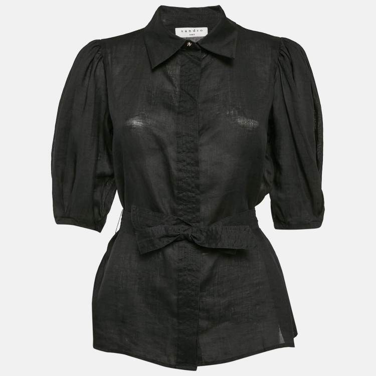 Pre Owned Sandro Black Ramie Belted Button Front Blouse M