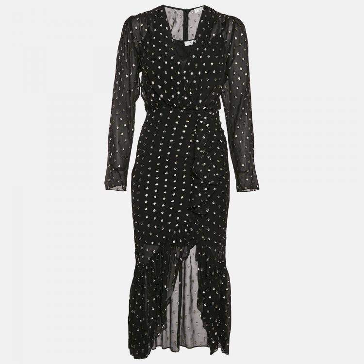 Pre Owned Sandro Black Loona Polka Dots Fil-coupe Chiffon Midi Dress XS