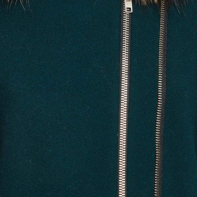 Pre Owned Sandro Green Wool Blend Detachable Fur Hooded Zip-Up Coat M